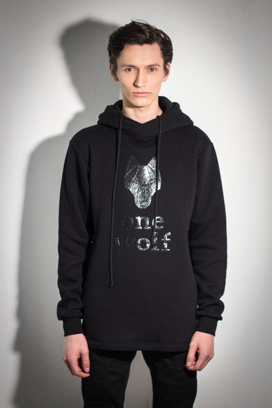 ONE WOLF LOGO hoodie black/black glossy logo - One Wolf